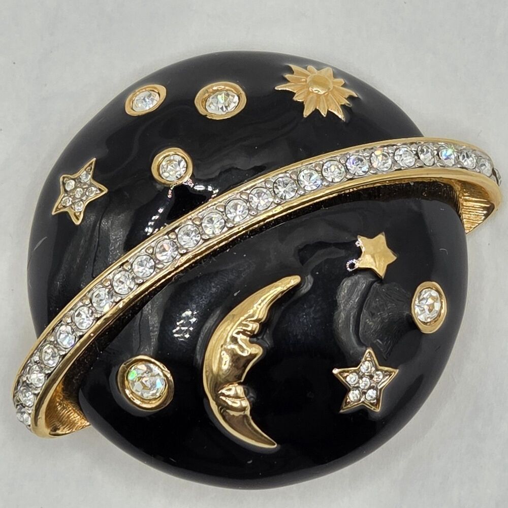 Swarovski Swan Celestial Planet Crystal Brooch Black Enamel Gold Tone 2 in.